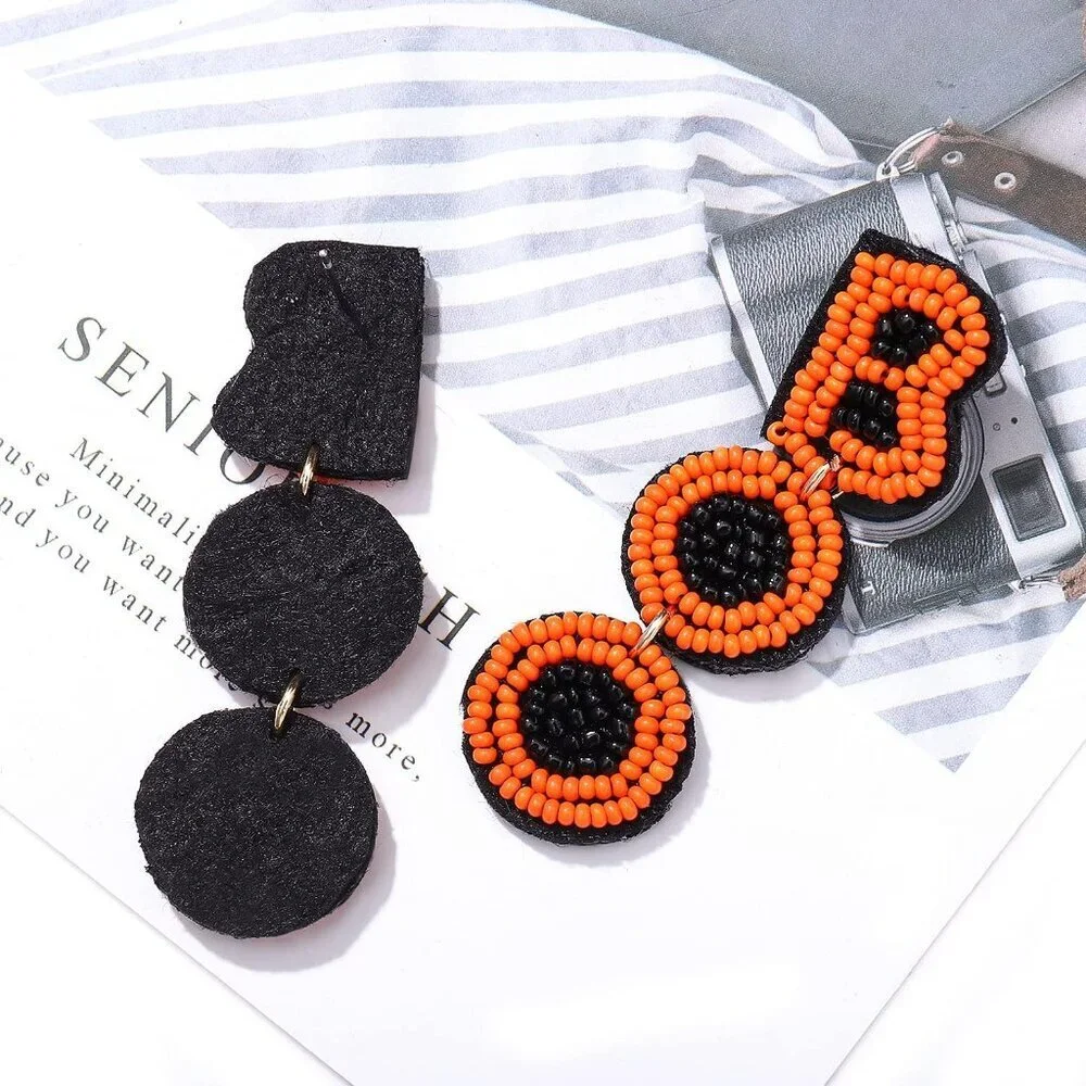 Women's Black&orange Halloween Beaded Boo Earrings Spooky Ghost Pumpkin Jeweller